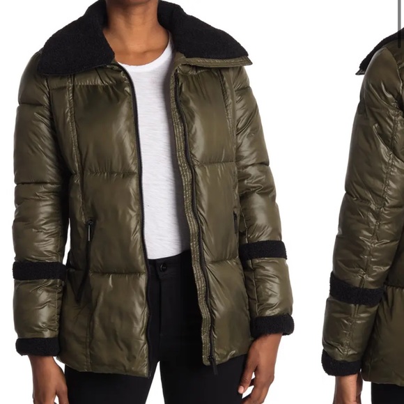 French Connection faux shearling trim zip up puffer jacket - Picture 1 of 8